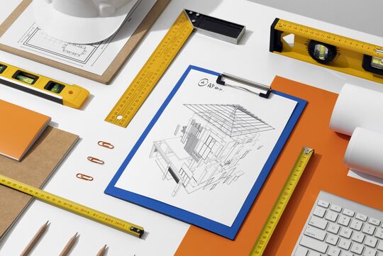 Table de travail avec dossier urbanisme et outils de construction